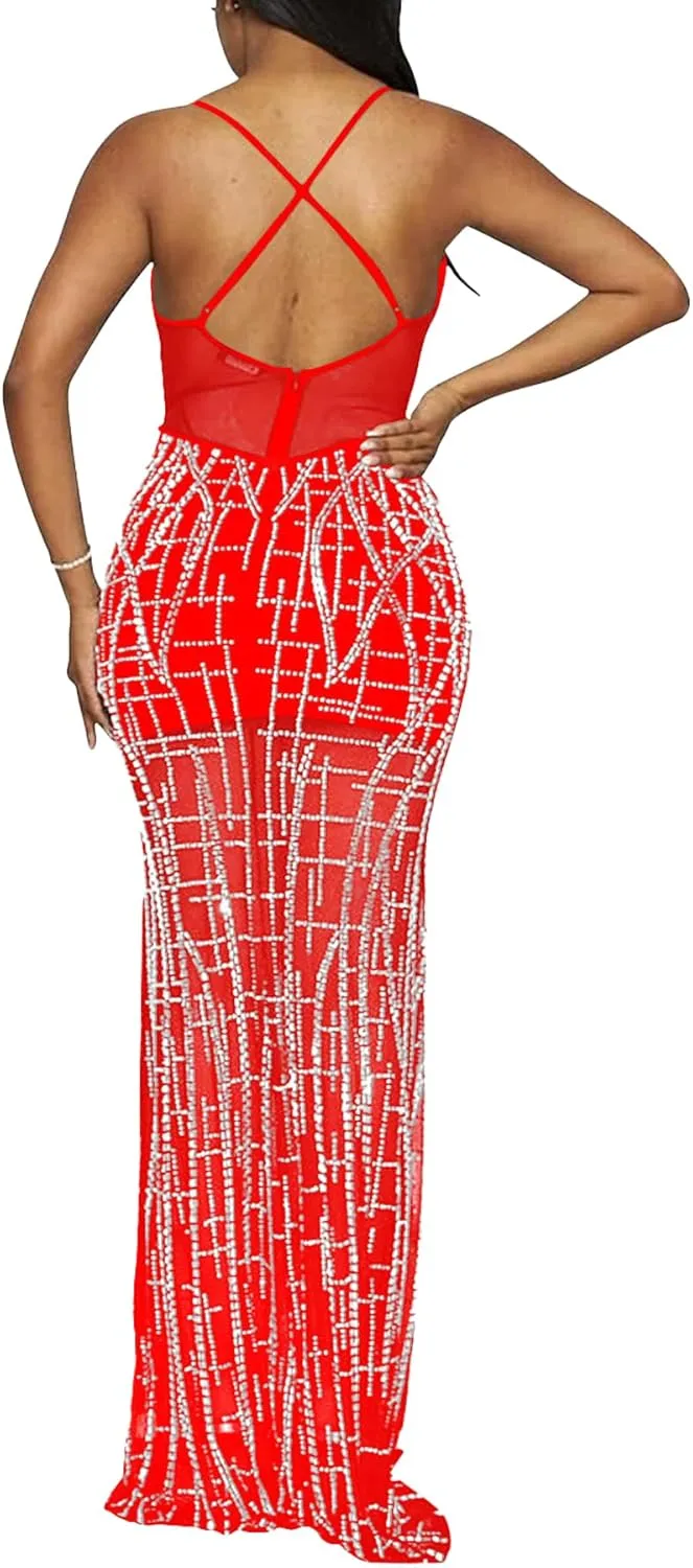 PORRCEY Women Sexy Elegant Rhinestone Mesh See Through Dress Hot Drilling Party Club Night Outfits