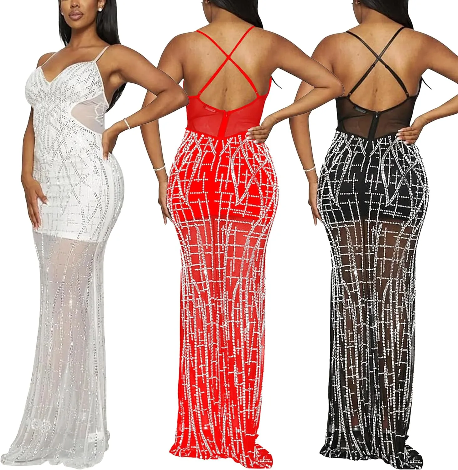 PORRCEY Women Sexy Elegant Rhinestone Mesh See Through Dress Hot Drilling Party Club Night Outfits