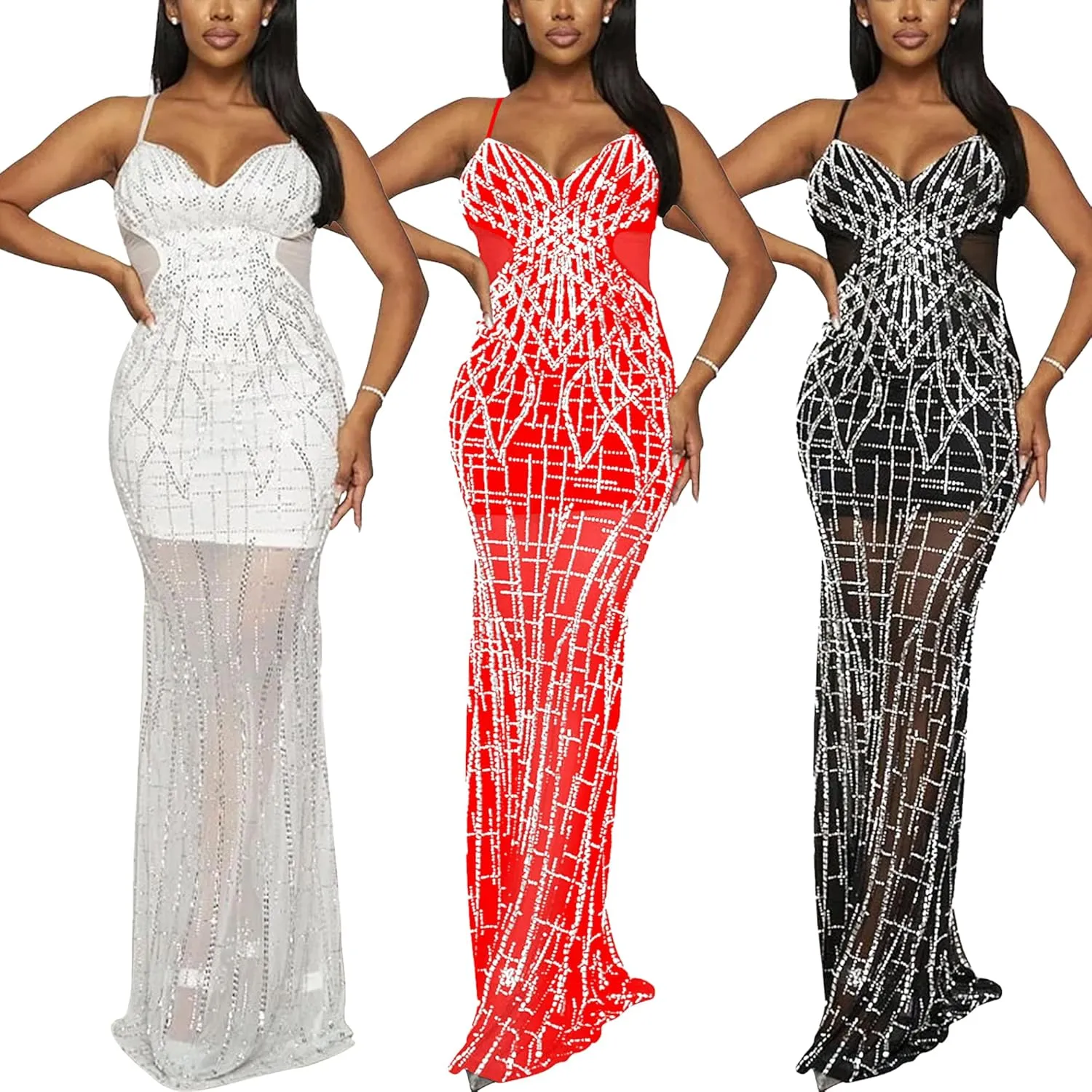 PORRCEY Women Sexy Elegant Rhinestone Mesh See Through Dress Hot Drilling Party Club Night Outfits