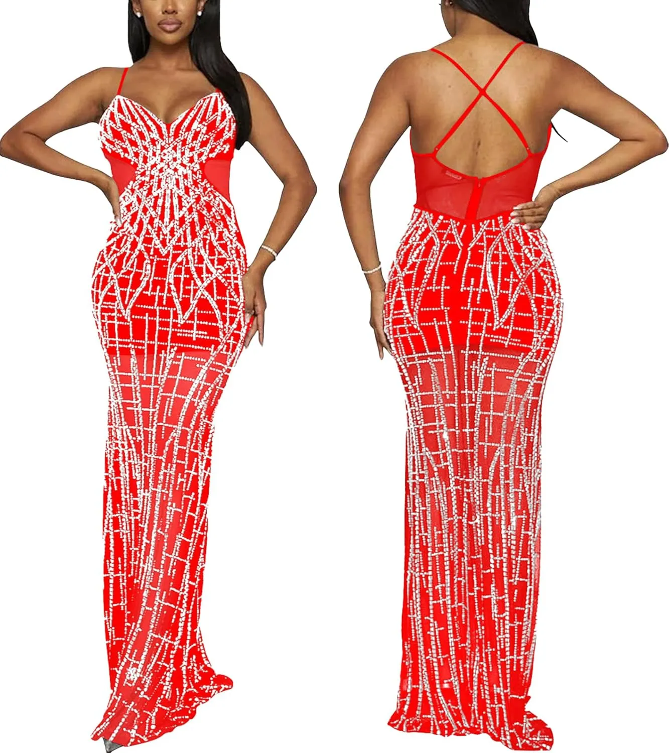 PORRCEY Women Sexy Elegant Rhinestone Mesh See Through Dress Hot Drilling Party Club Night Outfits