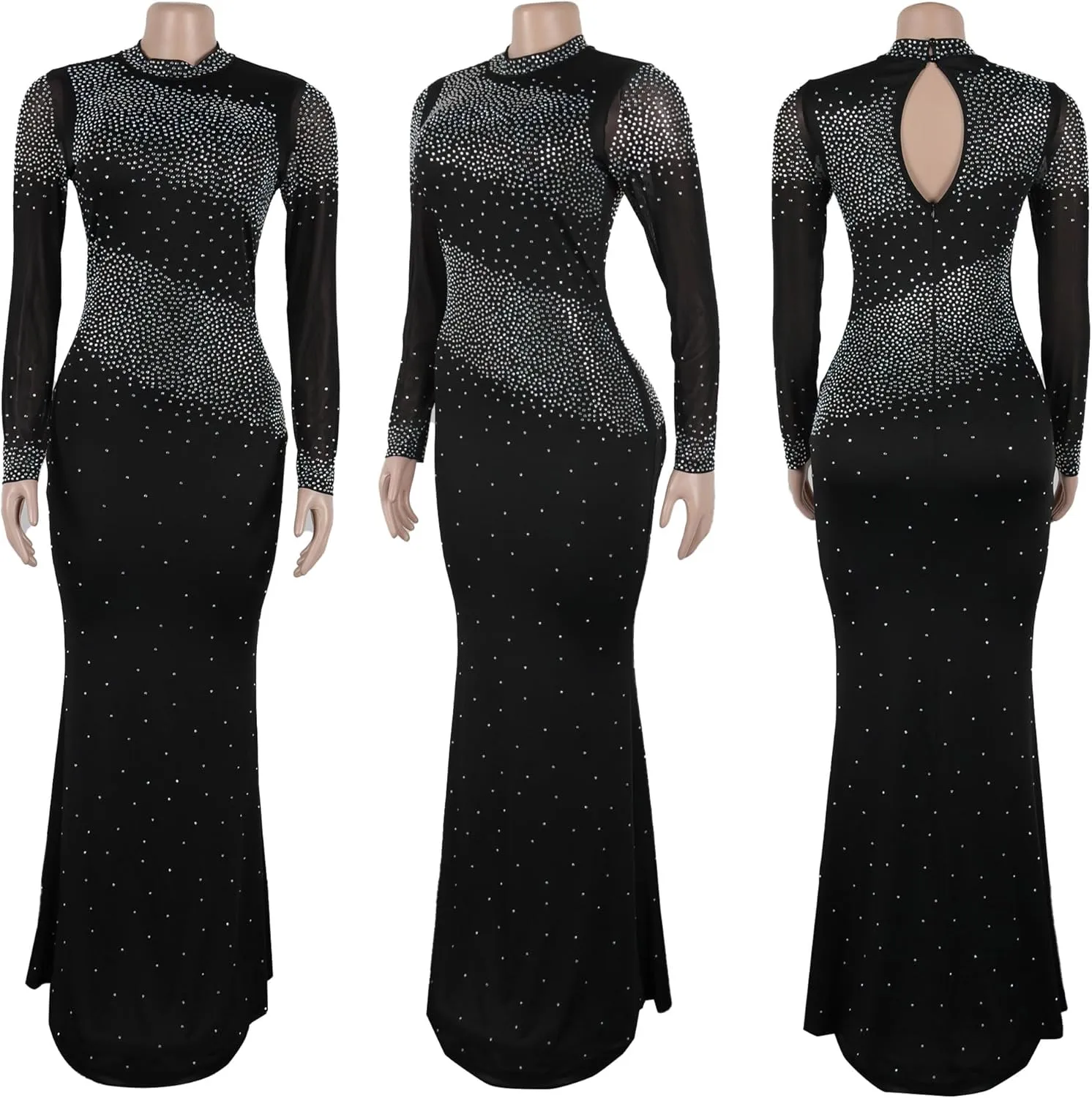 PORRCEY Women Sexy Elegant Rhinestone Mesh See Through Evening Dresses Party Club Night Clubwear