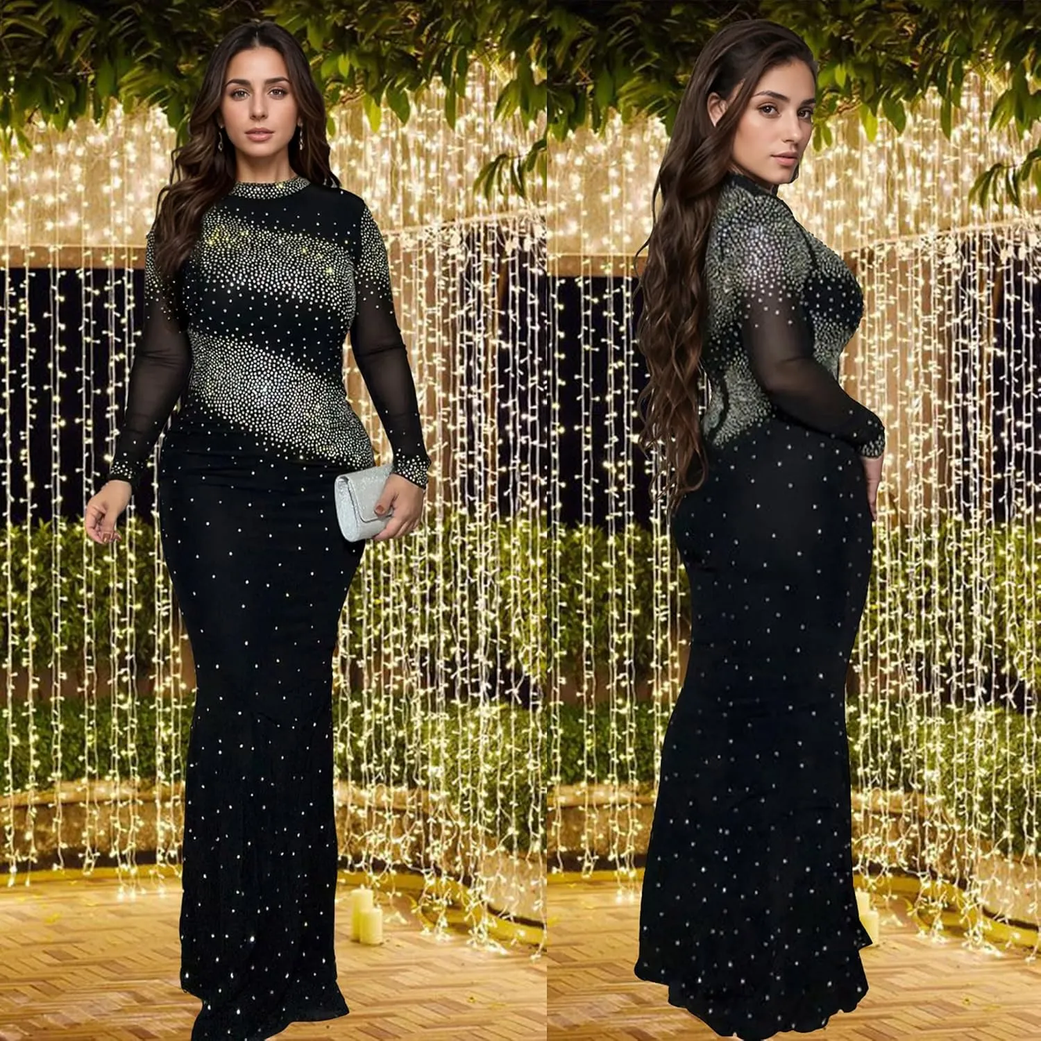 PORRCEY Women Sexy Elegant Rhinestone Mesh See Through Evening Dresses Party Club Night Clubwear