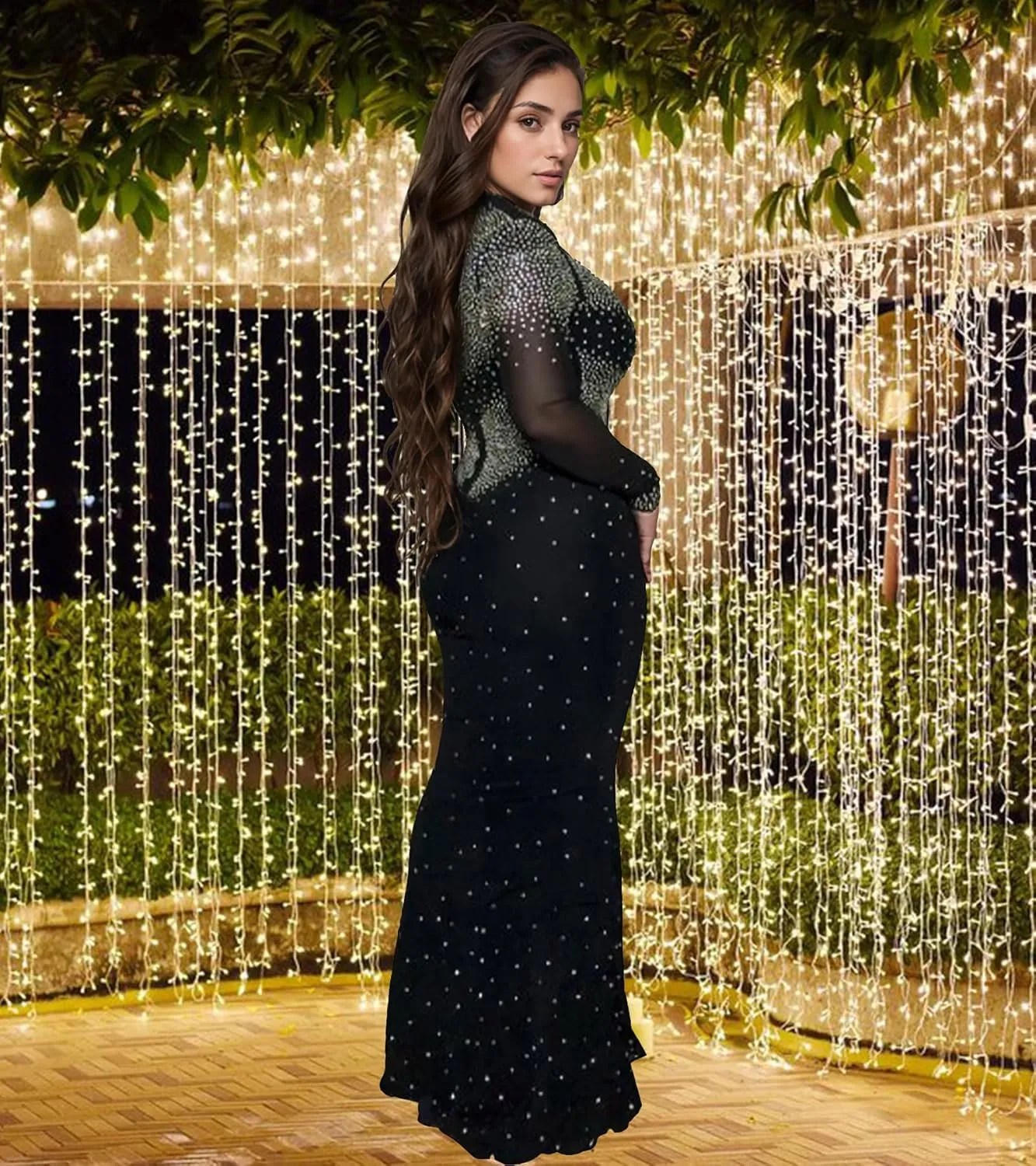 PORRCEY Women Sexy Elegant Rhinestone Mesh See Through Evening Dresses Party Club Night Clubwear