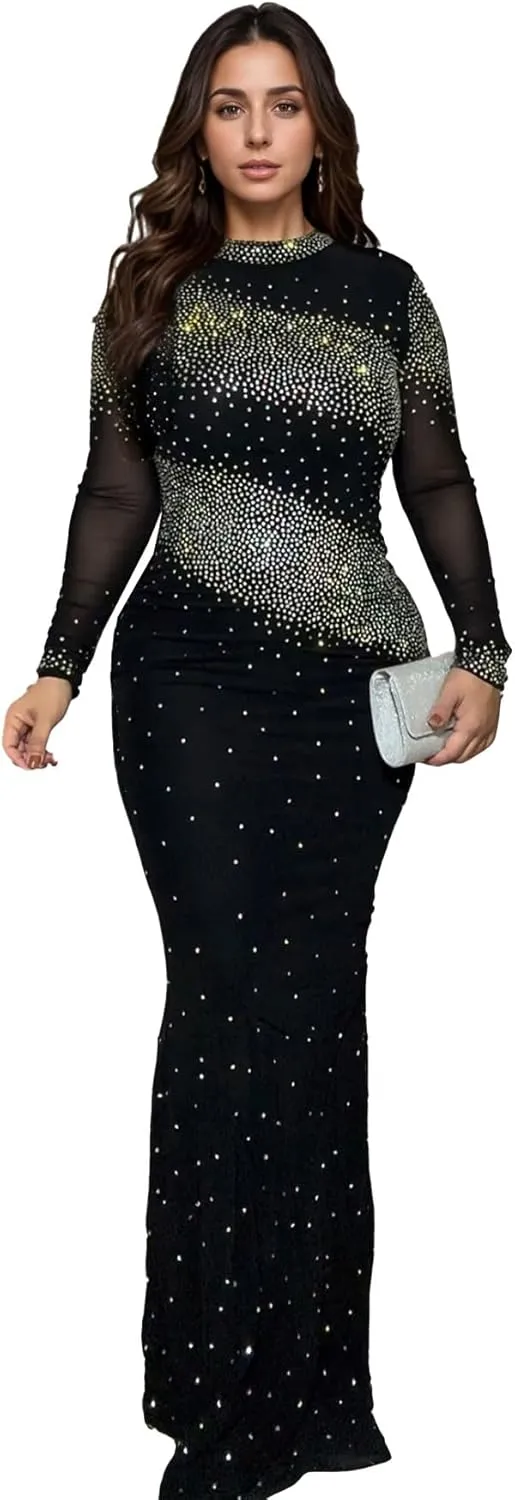 PORRCEY Women Sexy Elegant Rhinestone Mesh See Through Evening Dresses Party Club Night Clubwear