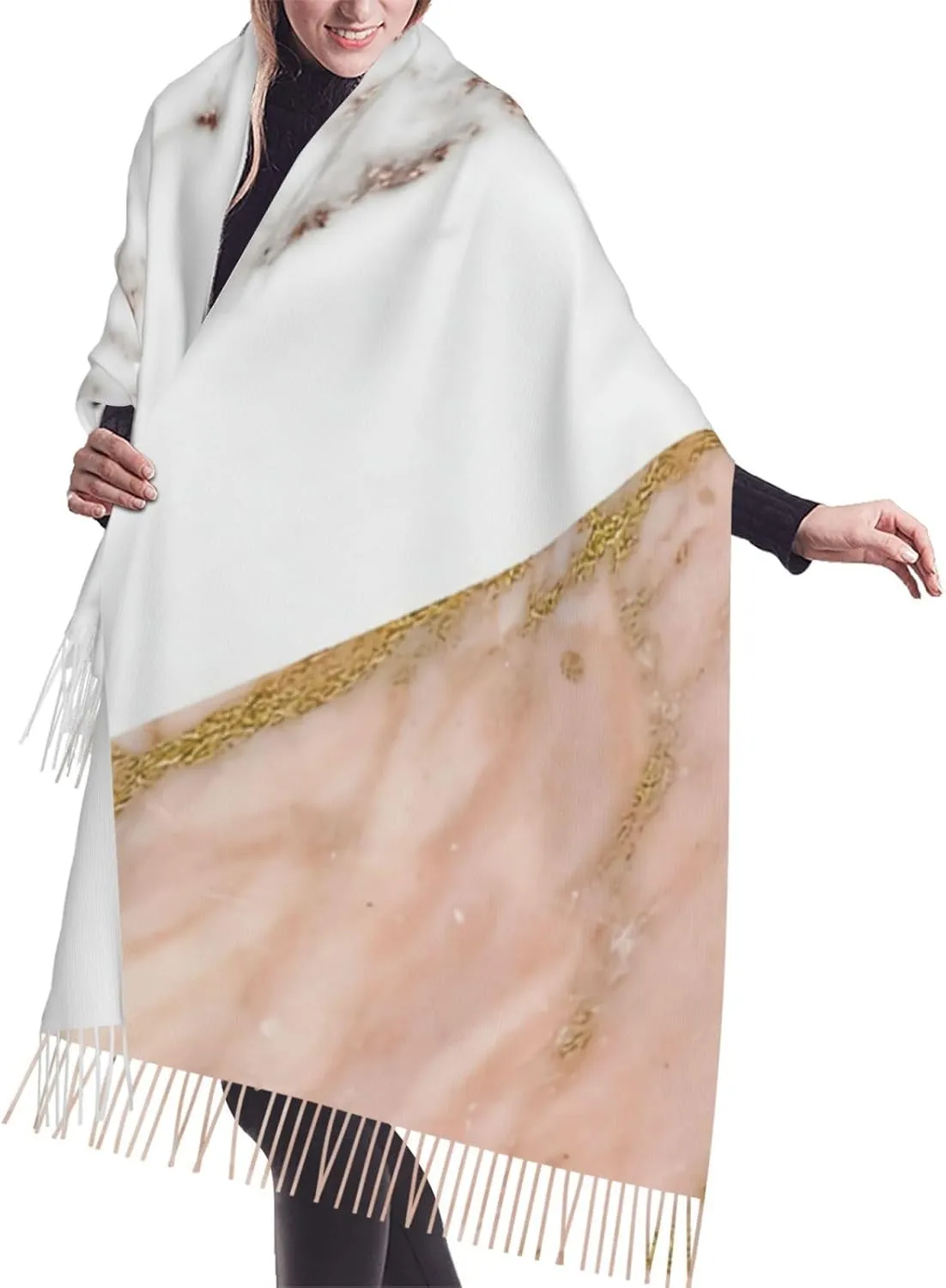 Rose Gold Marble Blended Cashmere Imitation Tassel Shawl Warm And Soft Tassel Scarf Poncho Shawl Clothing Accessory For Fall Winter