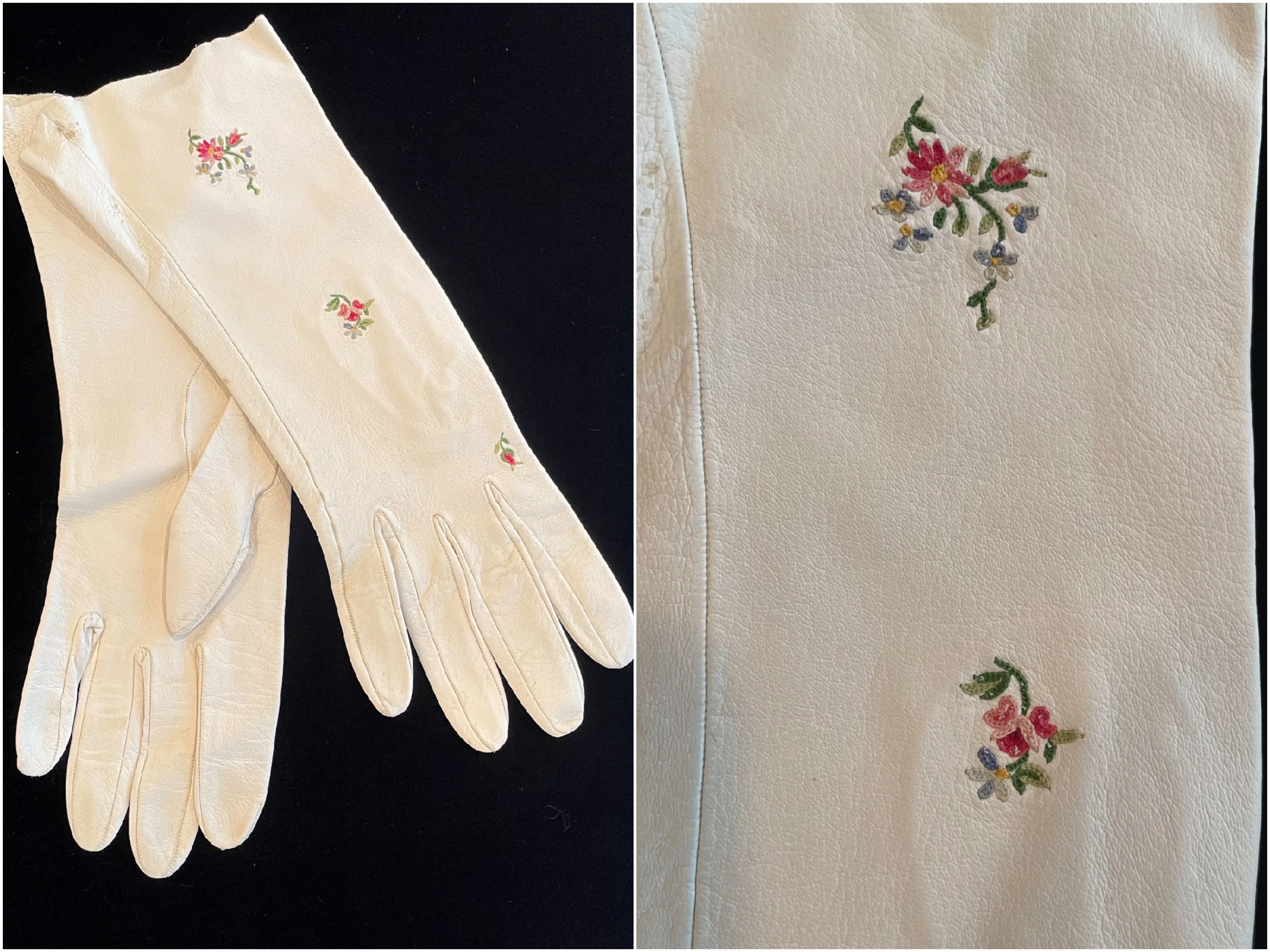 SOLD Vintage Embroidered White Kid Leather Gloves, SZ 7