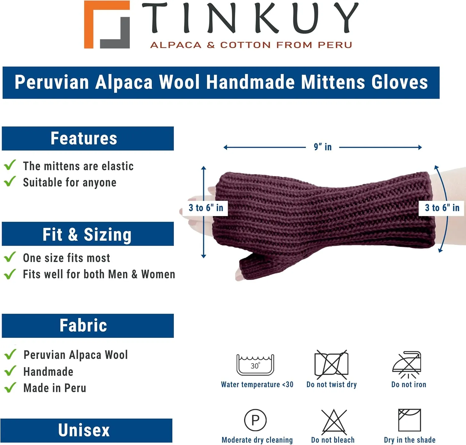 TINKUY PERU Alpaca Wool Fingerless Gloves  Unisex, Hand-Knitted, Warm, Soft, Hypoallergenic  One Size for Winter & Work
