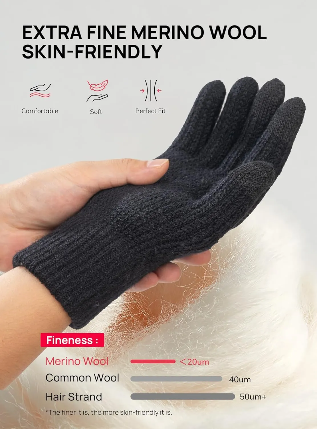 TRENDOUX Merino Wool Thick Winter Gloves for Men Women Touchscreen Fingers Stretch Warm Soft Skin-Friendly Anti-pilling