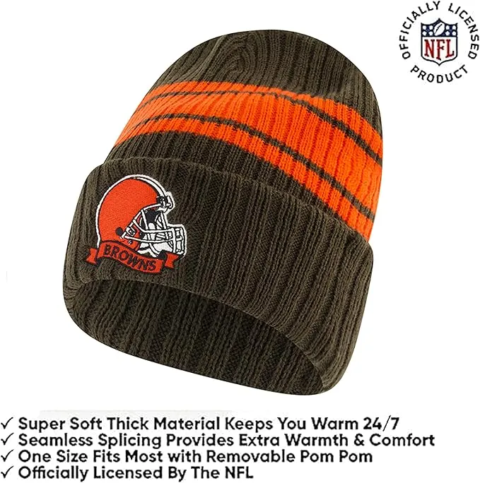 Ultra Game Youth NFL Official Super Soft Team Stripe Winter Beanie Knit Hat with Extra Warm Touch Screen Gloves|Cleveland Browns