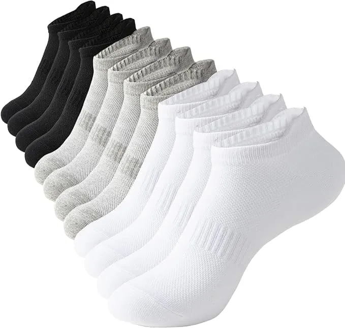 Unisex Ankle Socks, 6 Pairs, Black, Gray, White, 6.5-10.5