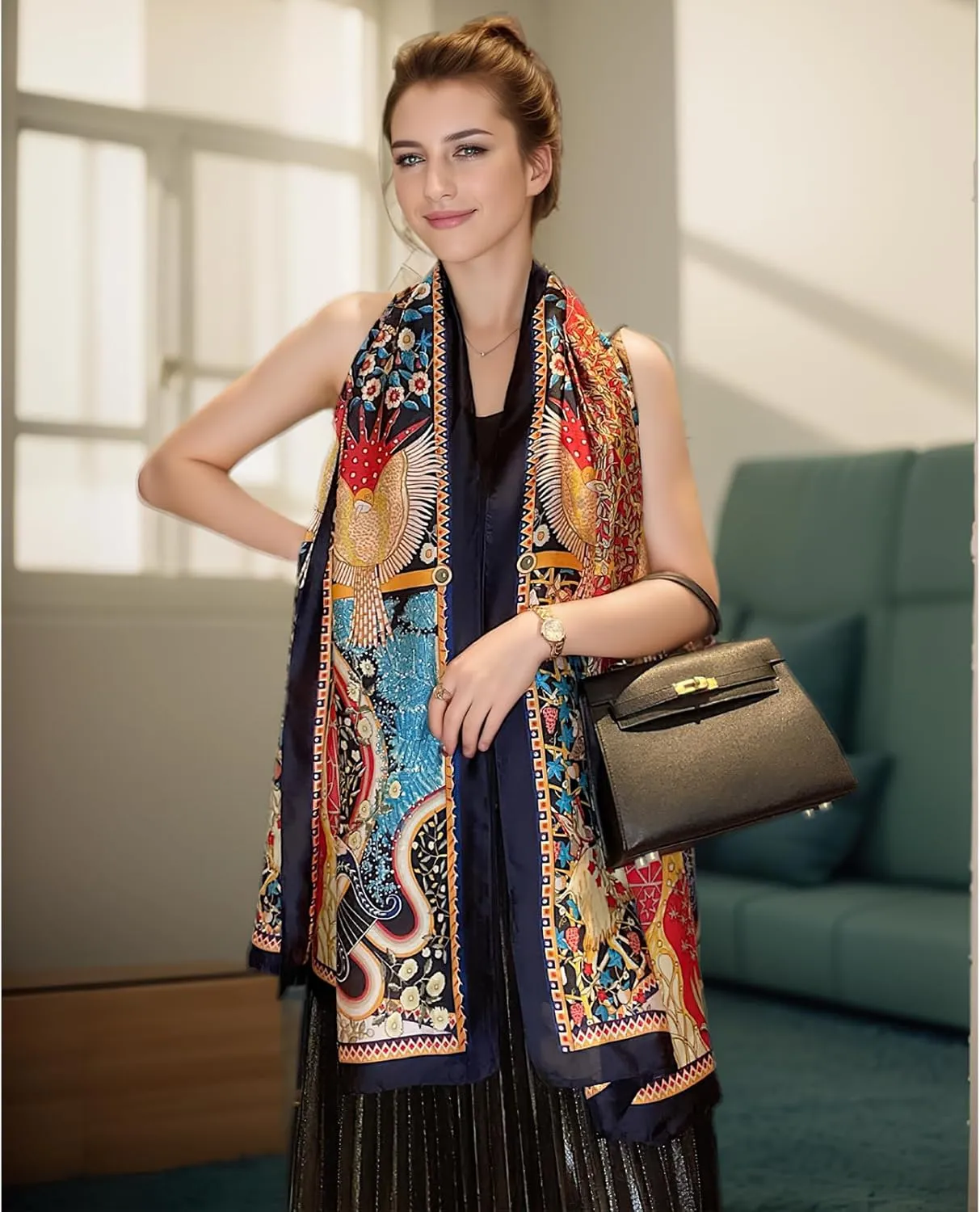 vimate 100% Large Silk Feeling Scarf-Women's Fashion Long Mulberry Silk Satin Neck Scarf Sunscreen Shawl Wrap Headscarf