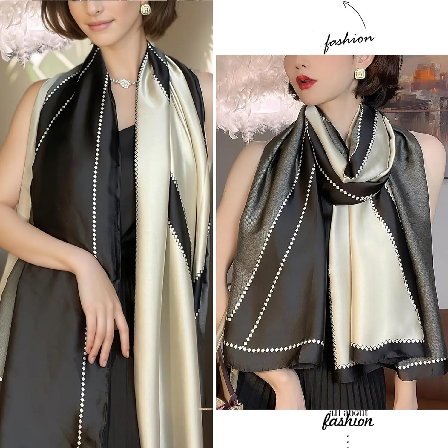 vimate 100% Large Silk Feeling Scarf-Women's Fashion Long Mulberry Silk Satin Neck Scarf Sunscreen Shawl Wrap Headscarf