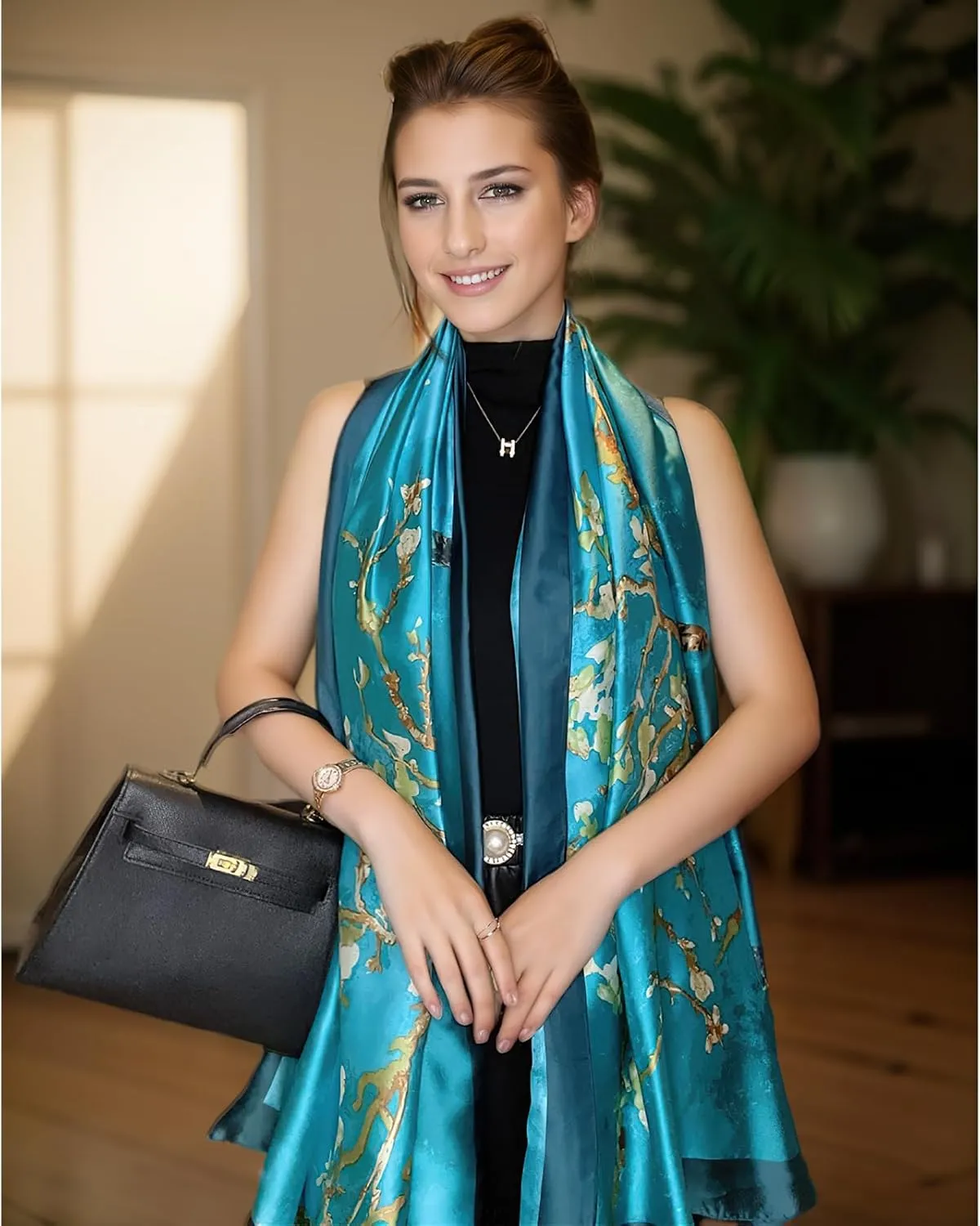 vimate 100% Large Silk Feeling Scarf-Women's Fashion Long Mulberry Silk Satin Neck Scarf Sunscreen Shawl Wrap Headscarf