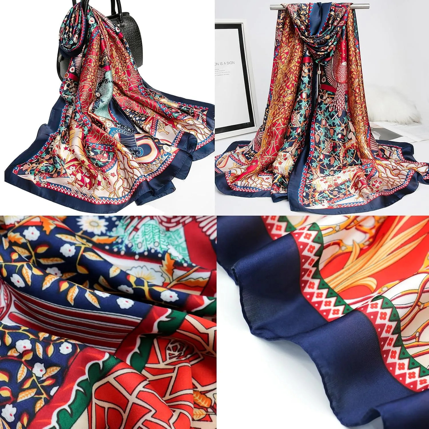 vimate 100% Large Silk Feeling Scarf-Women's Fashion Long Mulberry Silk Satin Neck Scarf Sunscreen Shawl Wrap Headscarf
