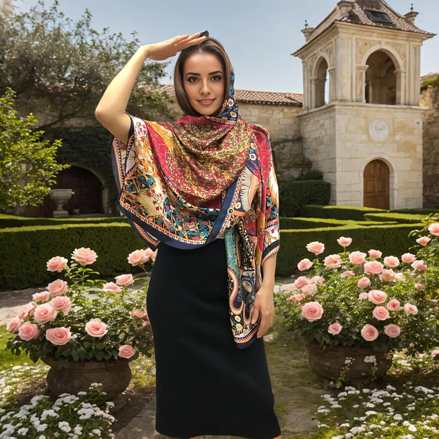 vimate 100% Large Silk Feeling Scarf-Women's Fashion Long Mulberry Silk Satin Neck Scarf Sunscreen Shawl Wrap Headscarf