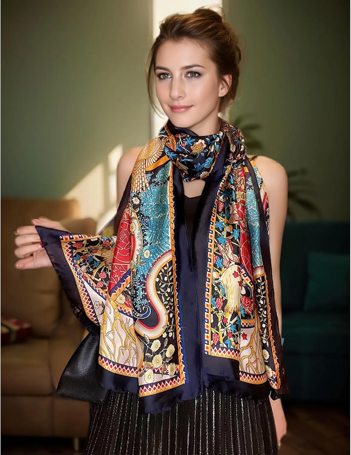 vimate 100% Large Silk Feeling Scarf-Women's Fashion Long Mulberry Silk Satin Neck Scarf Sunscreen Shawl Wrap Headscarf