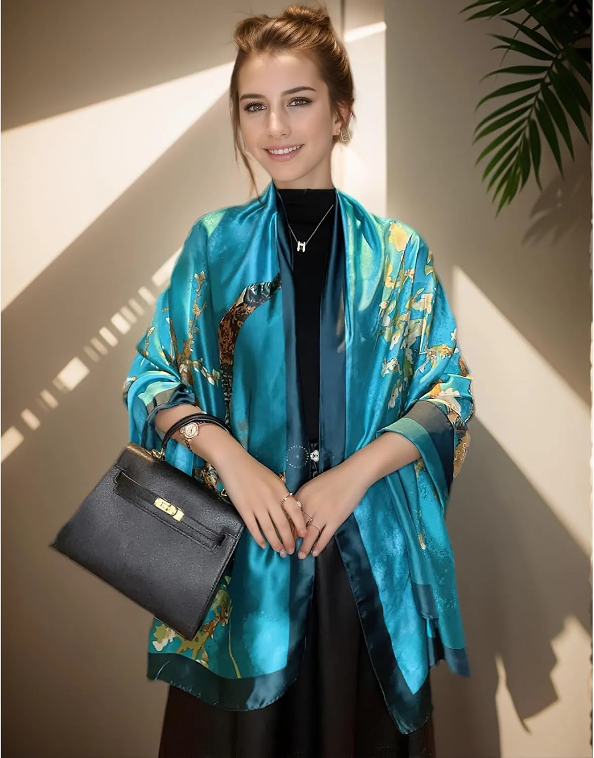 vimate 100% Large Silk Feeling Scarf-Women's Fashion Long Mulberry Silk Satin Neck Scarf Sunscreen Shawl Wrap Headscarf