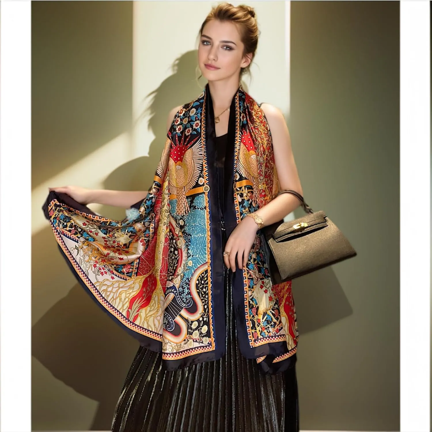 vimate 100% Large Silk Feeling Scarf-Women's Fashion Long Mulberry Silk Satin Neck Scarf Sunscreen Shawl Wrap Headscarf