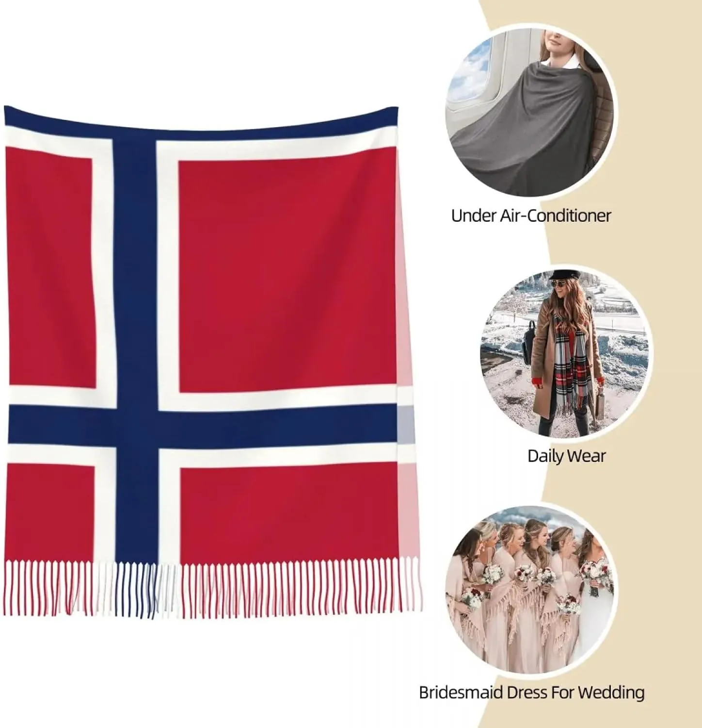 Warm Blanket Scarf for Winter - Norway Flag Scarf for Womens Winter Warm Cashmere Shawl Wrap Long Larg