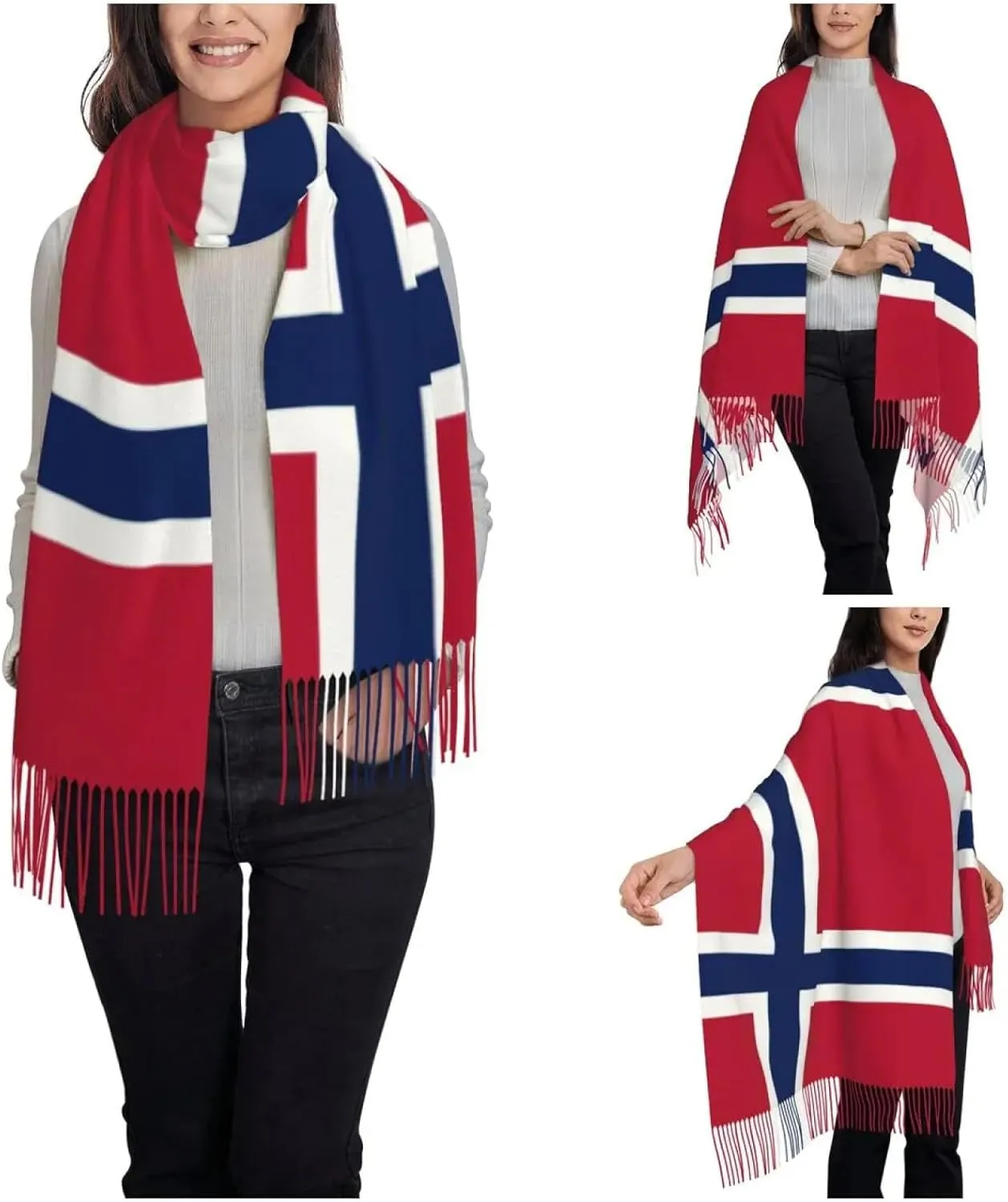 Warm Blanket Scarf for Winter - Norway Flag Scarf for Womens Winter Warm Cashmere Shawl Wrap Long Larg