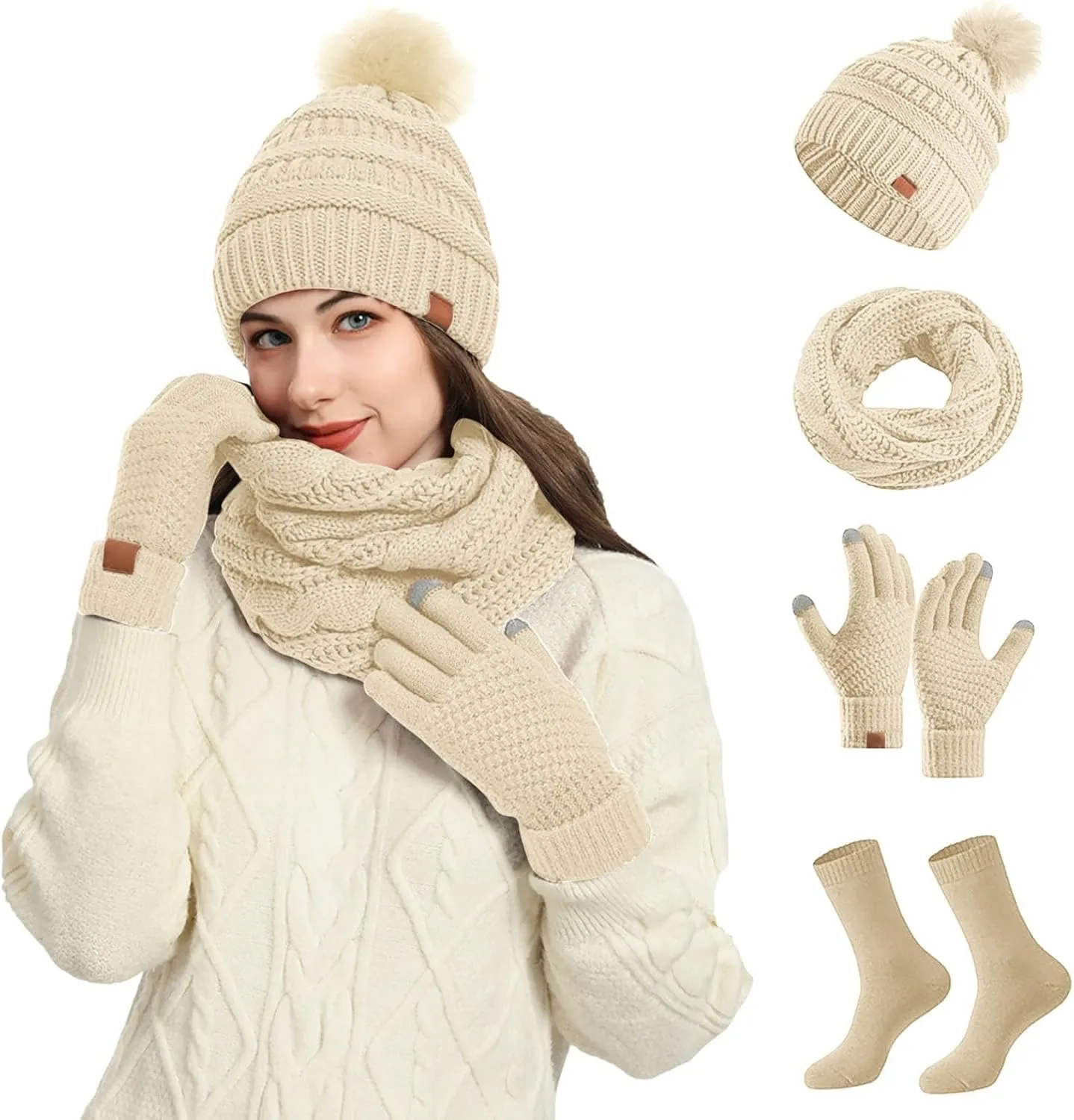 Winter Beanie Hats Scarf Touchscreen Gloves Socks Set for Women Cable Knit Skull Cap Pom Poms Neck Warmer Ski Outdoor