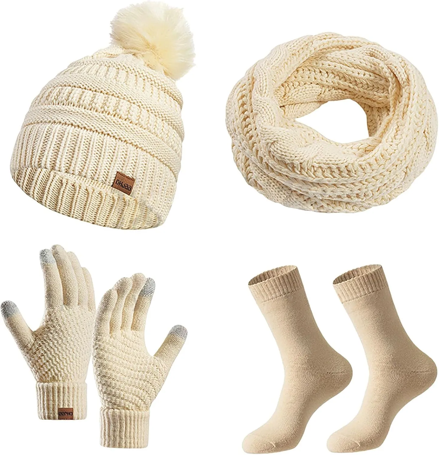 Winter Beanie Hats Scarf Touchscreen Gloves Socks Set for Women Cable Knit Skull Cap Pom Poms Neck Warmer Ski Outdoor