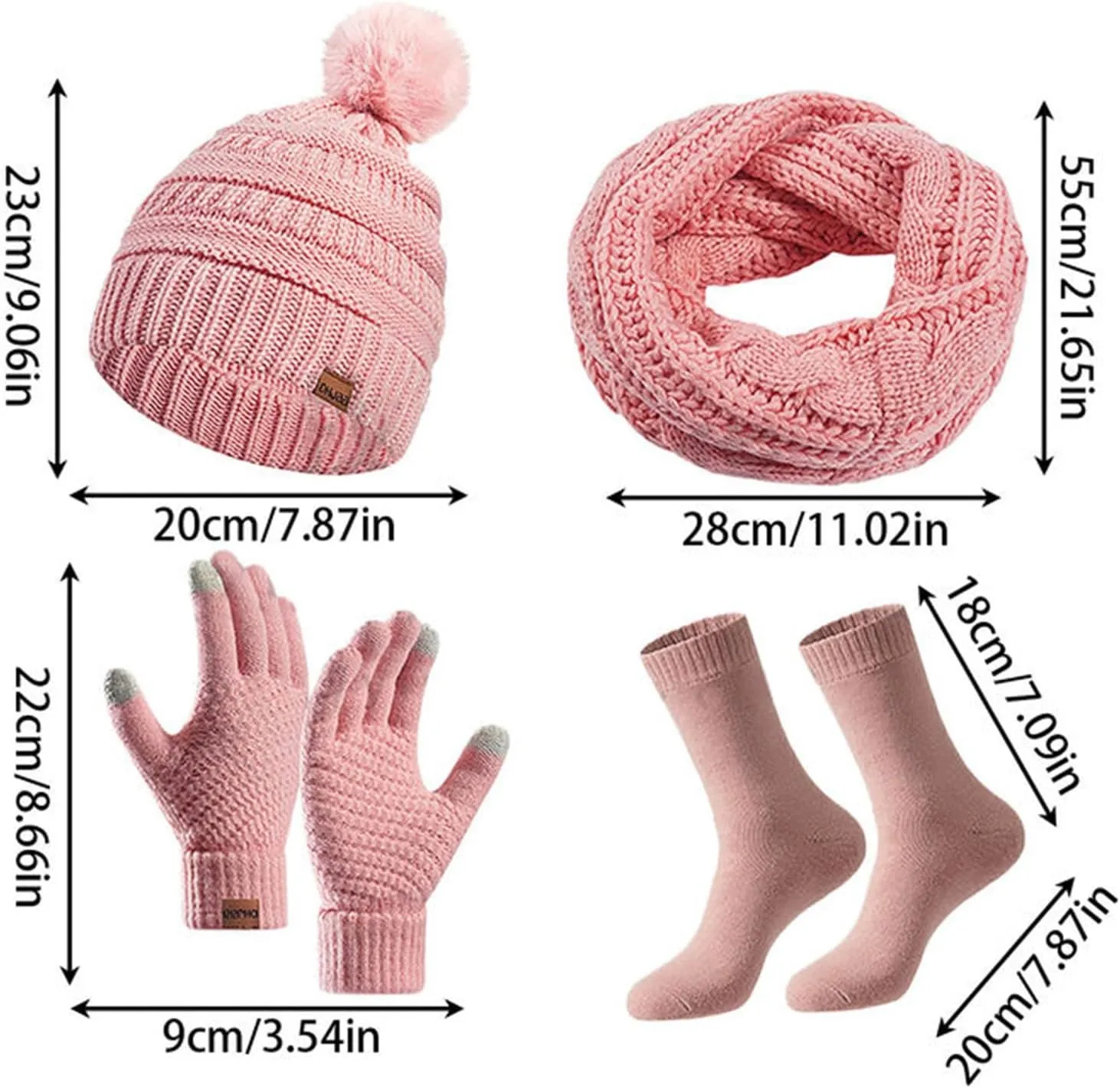 Winter Beanie Hats Scarf Touchscreen Gloves Socks Set for Women Cable Knit Skull Cap Pom Poms Neck Warmer Ski Outdoor