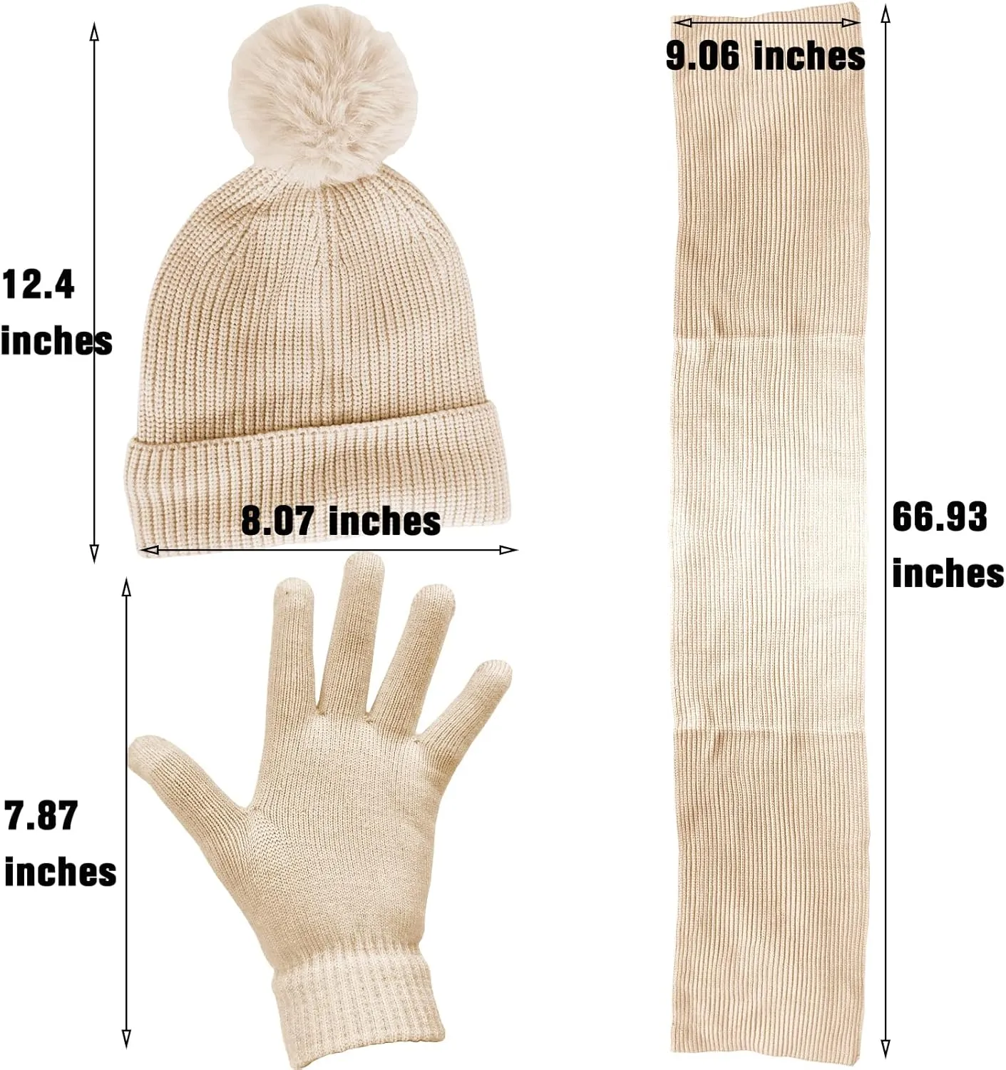 Women Girls Knit Beanie Hat Scarf and Gloves Set, Winter Soft Warm Thick Fleece Lined Knit Hat with Pompom, Gloves and Scarf
