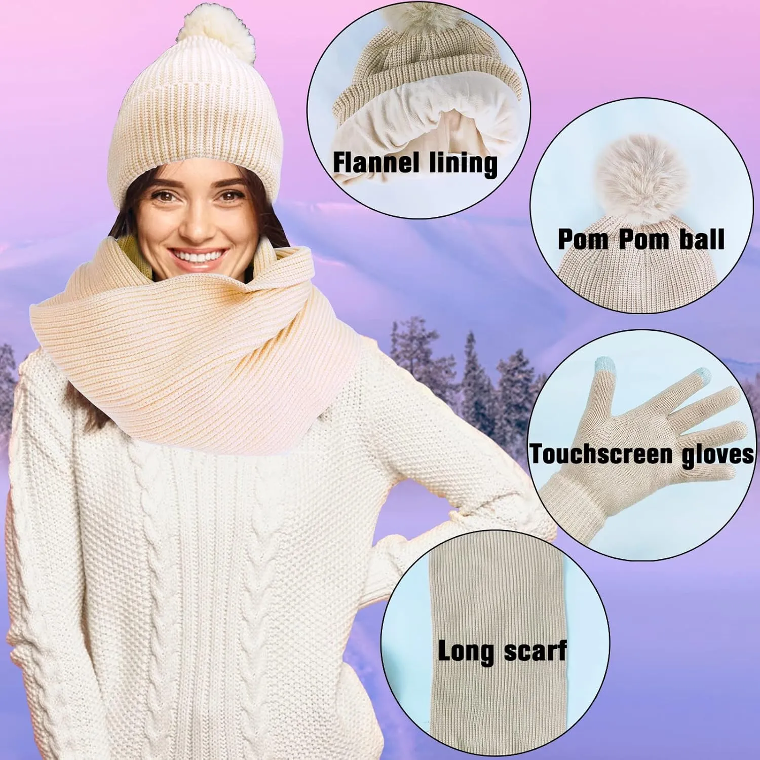Women Girls Knit Beanie Hat Scarf and Gloves Set, Winter Soft Warm Thick Fleece Lined Knit Hat with Pompom, Gloves and Scarf
