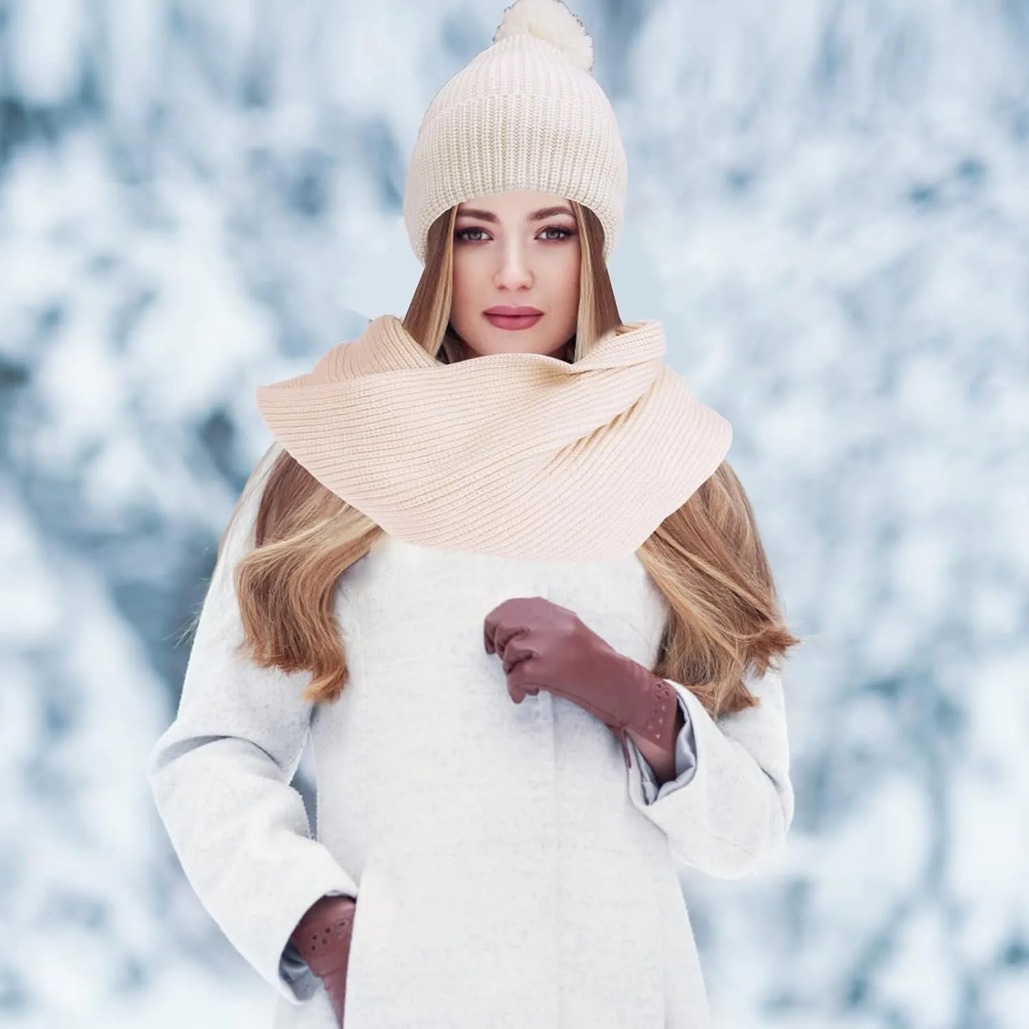 Women Girls Knit Beanie Hat Scarf and Gloves Set, Winter Soft Warm Thick Fleece Lined Knit Hat with Pompom, Gloves and Scarf