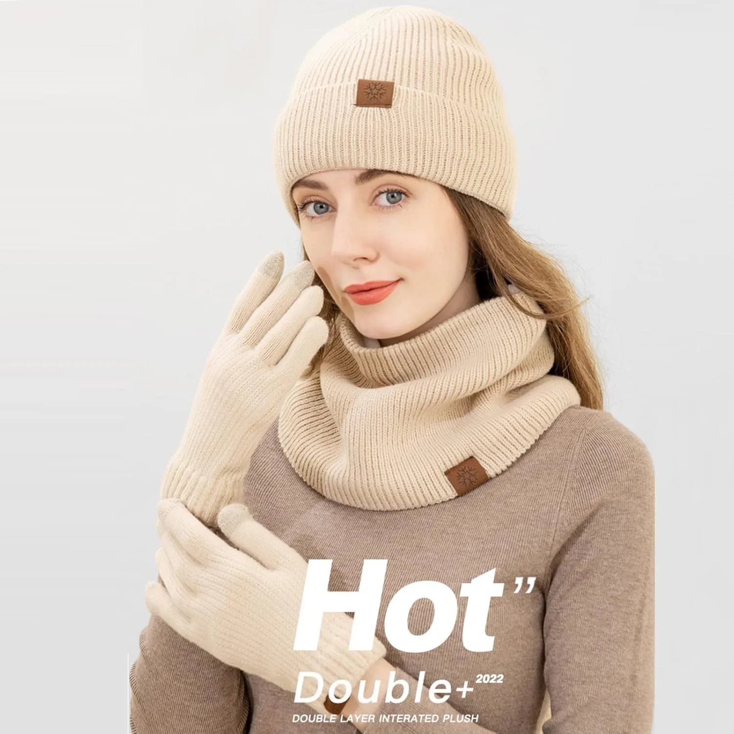 Women Winter Beanie Hat Scarf Gloves Set Knitted Beanie Hat Soft Warm Neck Neck Scarf Touchscreen Gloves