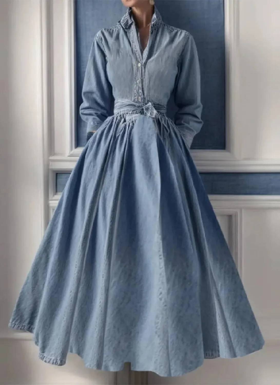 Women's Fresh Denim Long Sleeve Button-Up Maxi Dress 2025 Summer Outfits Formal Collared Wedding Party Long Dress