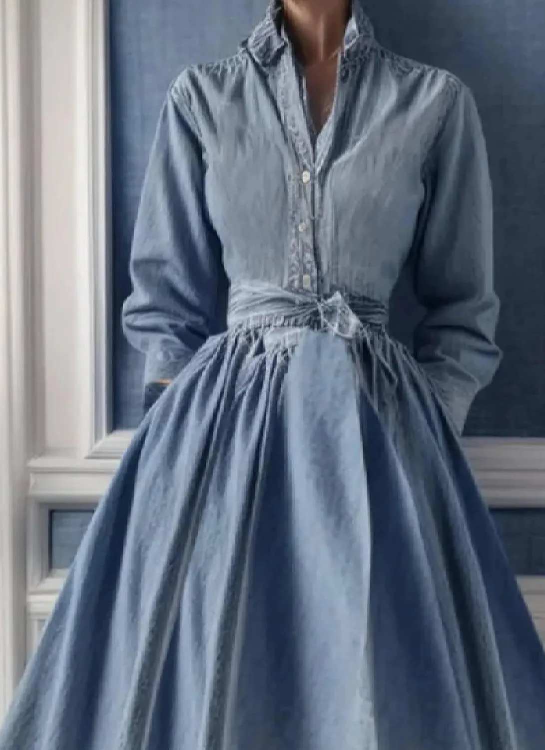 Women's Fresh Denim Long Sleeve Button-Up Maxi Dress 2025 Summer Outfits Formal Collared Wedding Party Long Dress