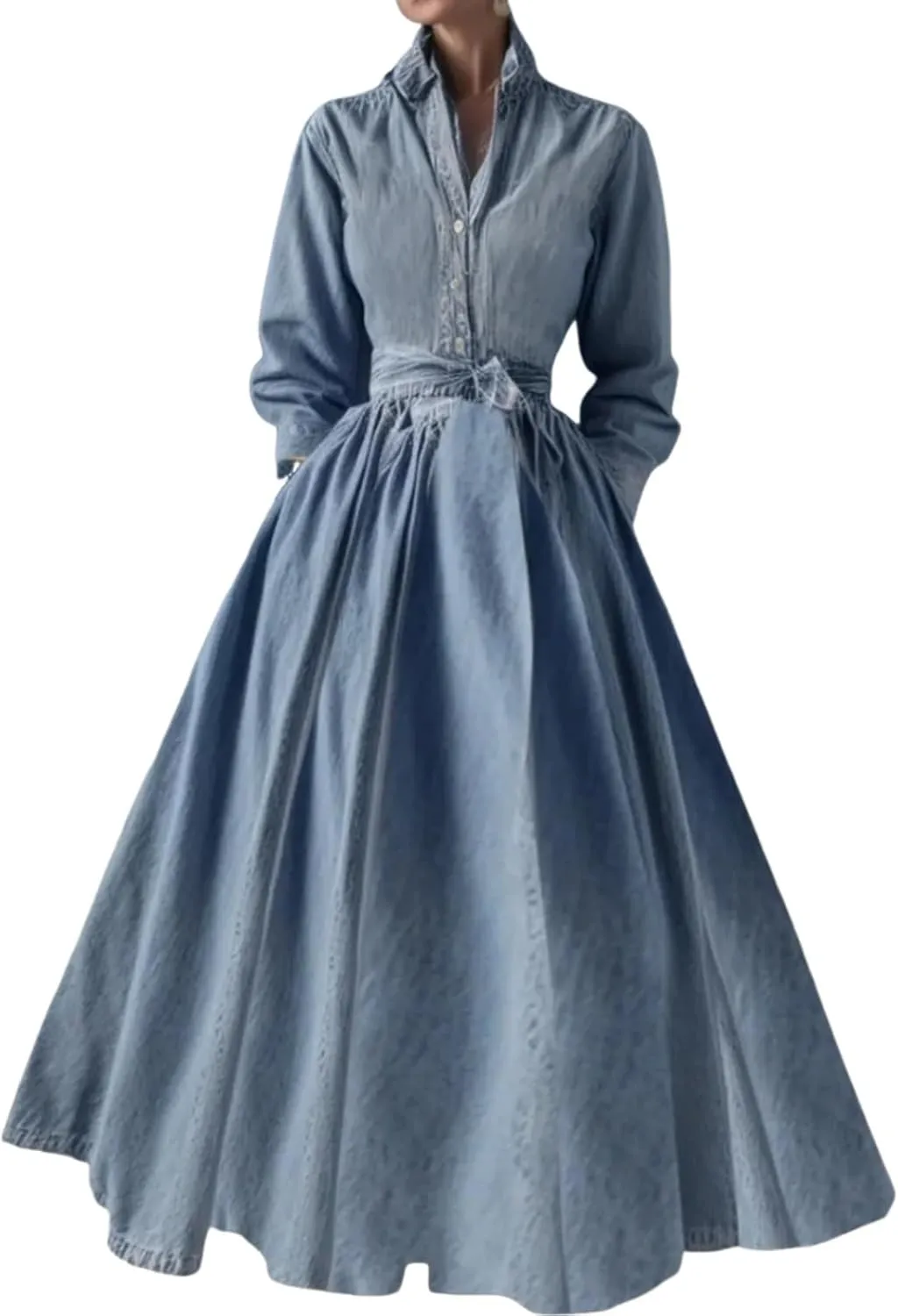 Women's Fresh Denim Long Sleeve Button-Up Maxi Dress 2025 Summer Outfits Formal Collared Wedding Party Long Dress