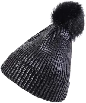 YEKEYI Women Winter Warm Knitted Beanie Hat with Faux Fur Pompom Metallic Shiny Hats Cap