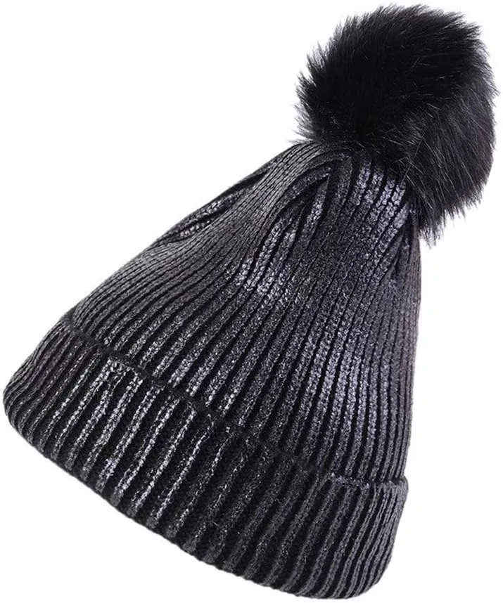 YEKEYI Women Winter Warm Knitted Beanie Hat with Faux Fur Pompom Metallic Shiny Hats Cap