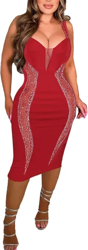 Zoctuo Party Club Night Outfits for Women Sexy Elegant Rhinestone Bodycon Dress Hot Drilling Evening Gowns