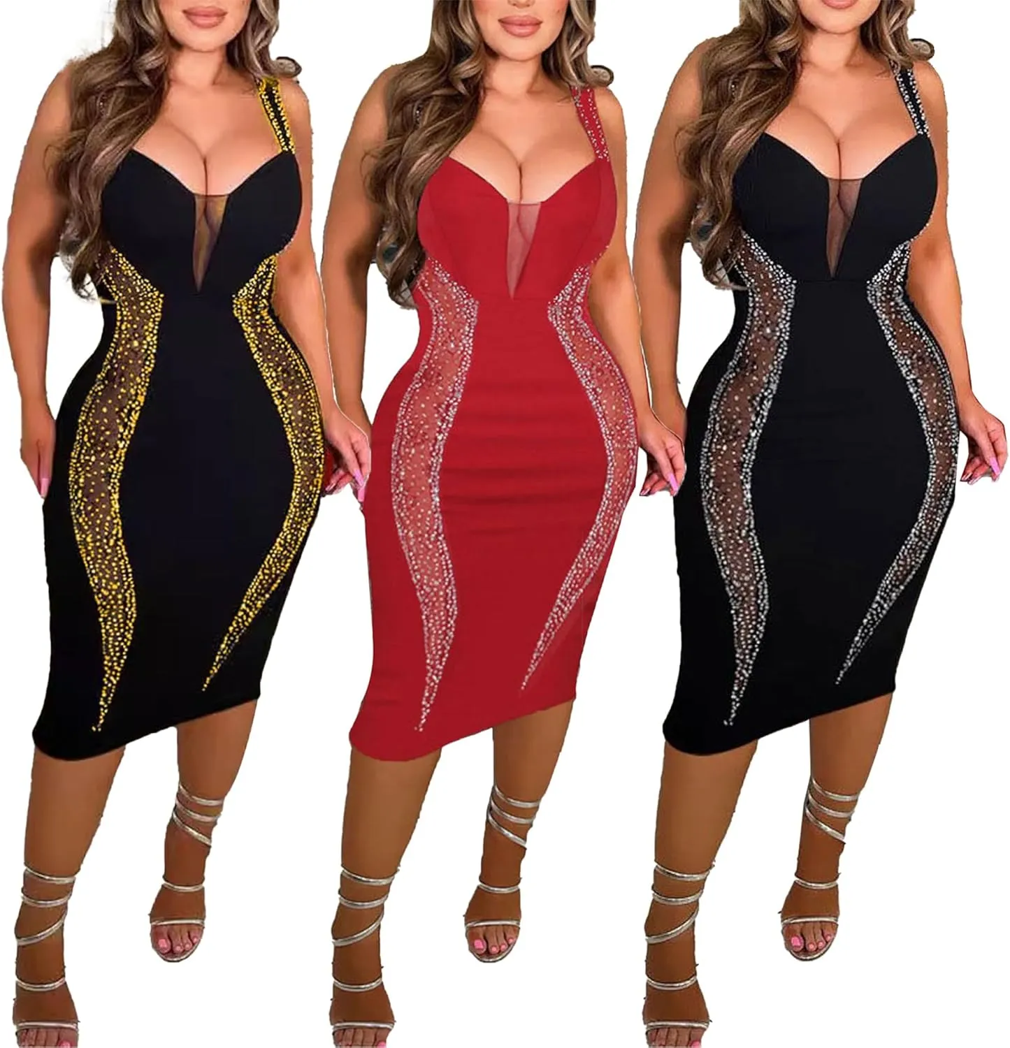 Zoctuo Party Club Night Outfits for Women Sexy Elegant Rhinestone Bodycon Dress Hot Drilling Evening Gowns