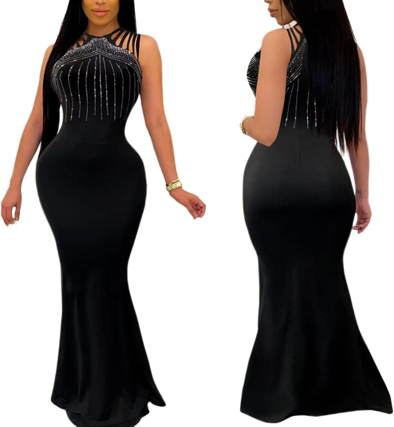 Zoctuo Party Club Night Outfits for Women Sexy Elegant Rhinestone Bodycon Dress Hot Drilling Evening Gowns