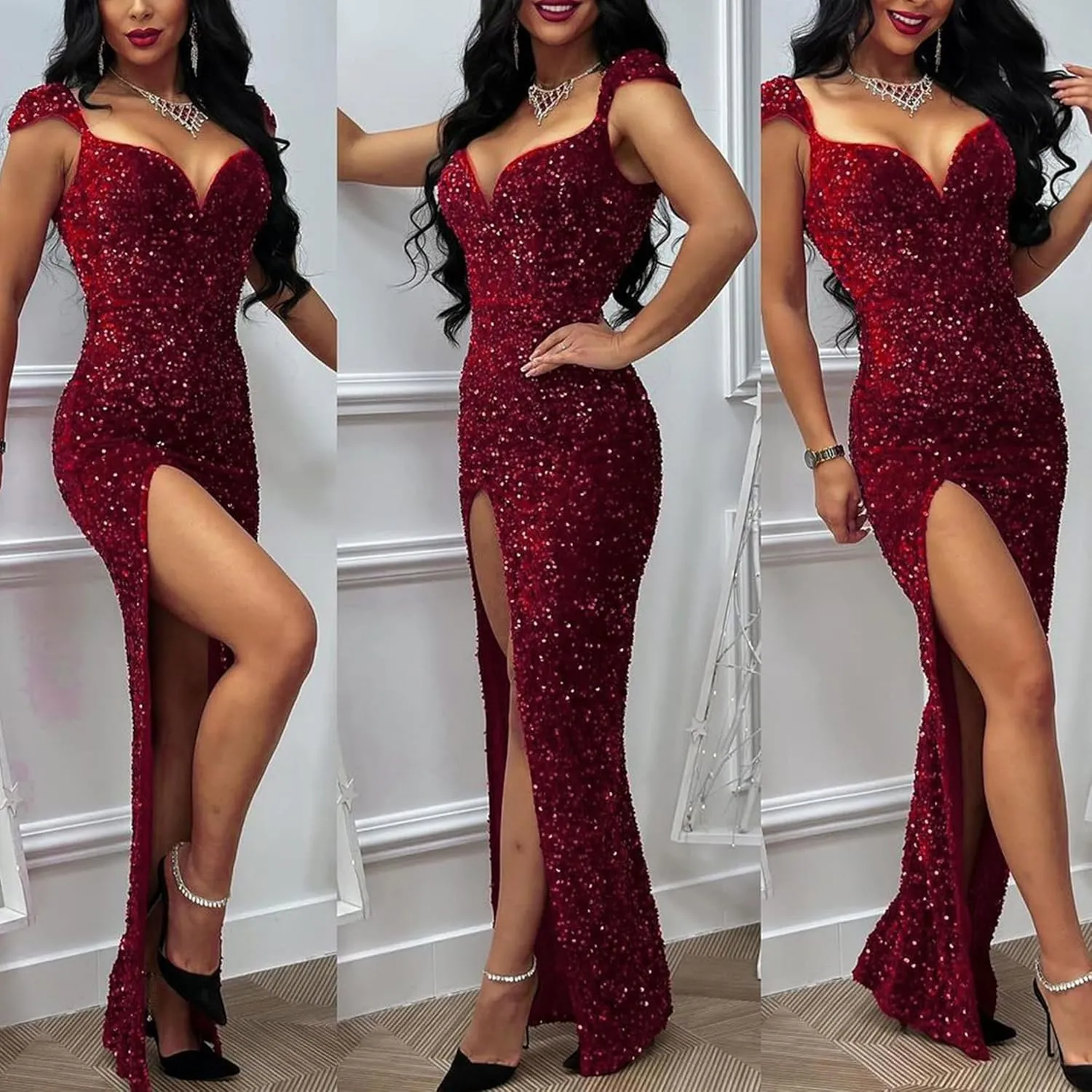 Zoctuo Womens Sexy Elegant Saparkly Sequins Solid Color Bodycon Cocktail Birthday Prom Dress Party Club Night Outfits
